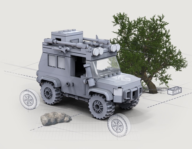 A grey brick 4x4 beside a tree, drawn over its plans