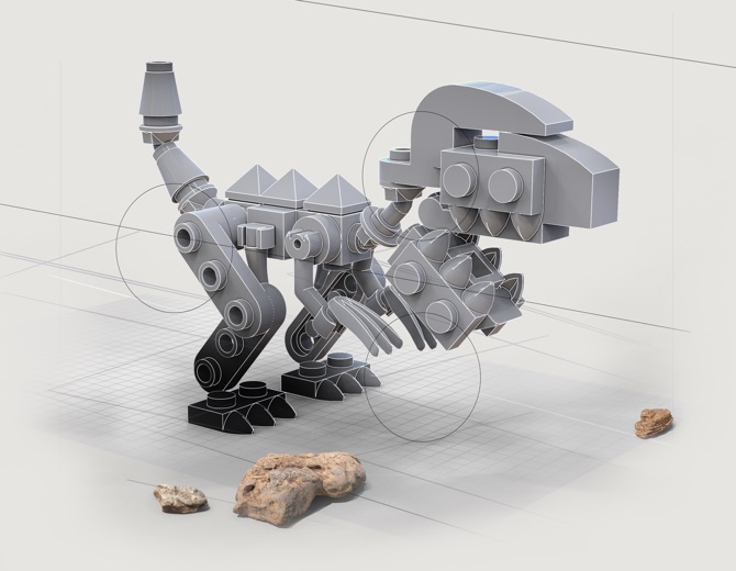 A grey brick dinosaur, drawn over its plans