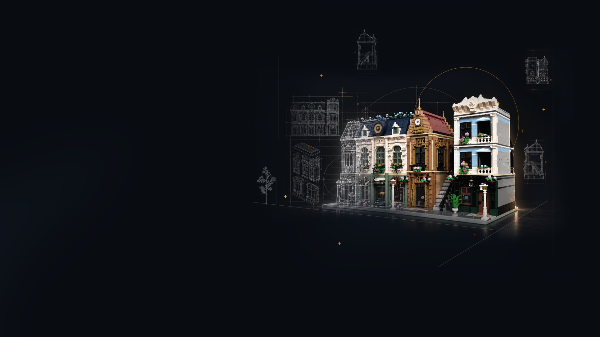 A row of brick townhouses drawn over their blueprints