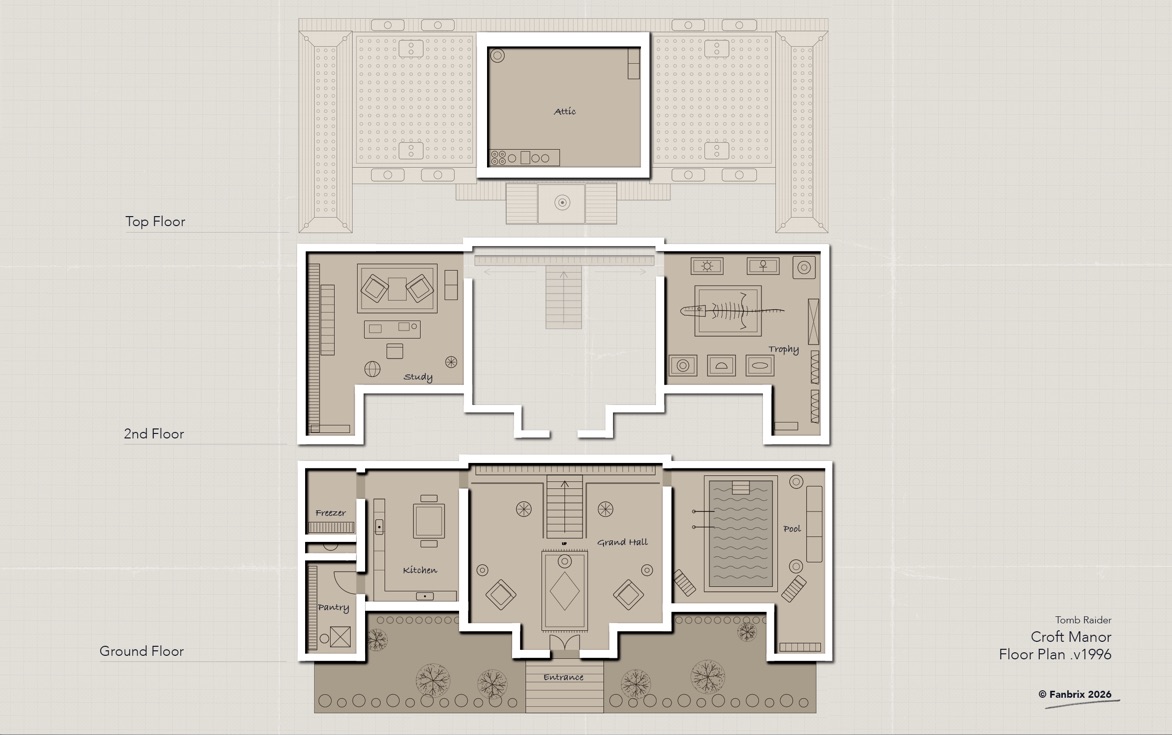 Floor plan of Croft Manor's three floors