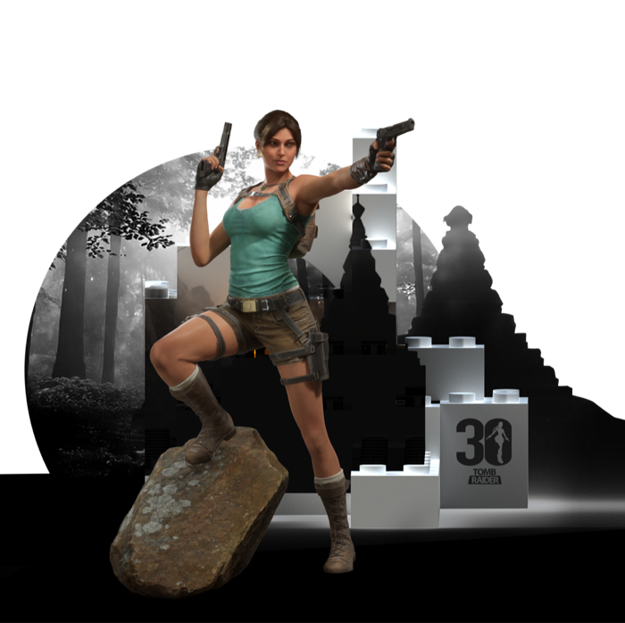 Lara Croft on a rock beside bricks stamped with the 30th anniversary logo